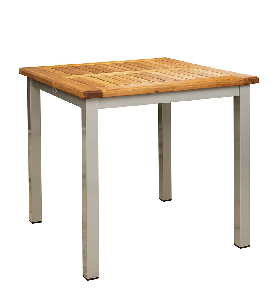 Lexo-Silber-80x80cm_TP_Teak_vorne_1000px Outdoortischgestell Lexo 80x80 aus Aluminium in Silber – wetterfestes Gastrogestell für Außenbereiche